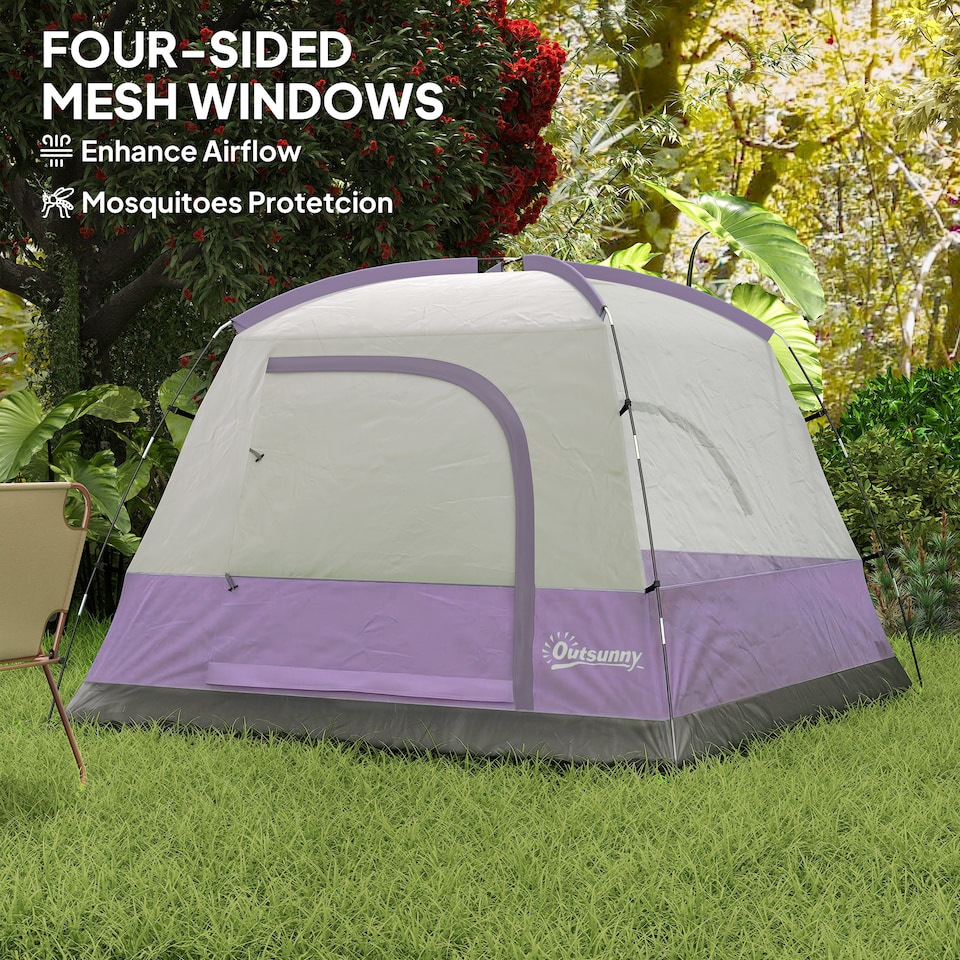 image 1 of Outsunny 3-4 Person Camping Tent, Waterproof Tent, Purple | Purple | Purple | 200 x 200 x 135 cm