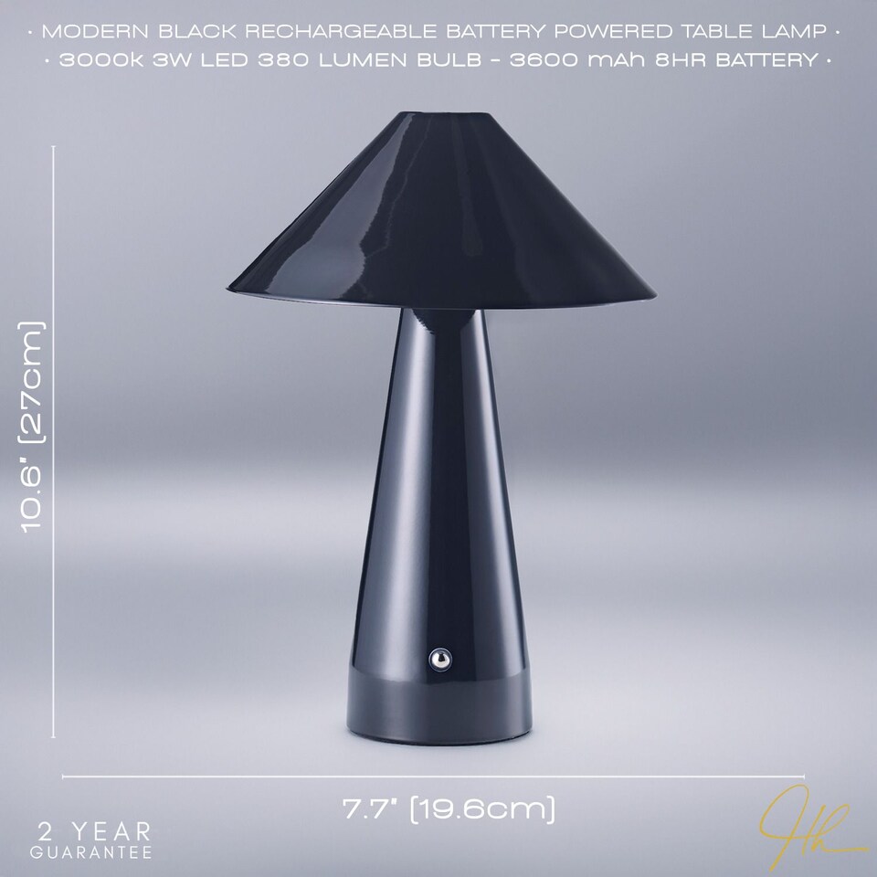 image 1 of Gloss Black Rechargeable Touch Dimmable Table Lamp with Matching Metal Shade | Black | Black | 1