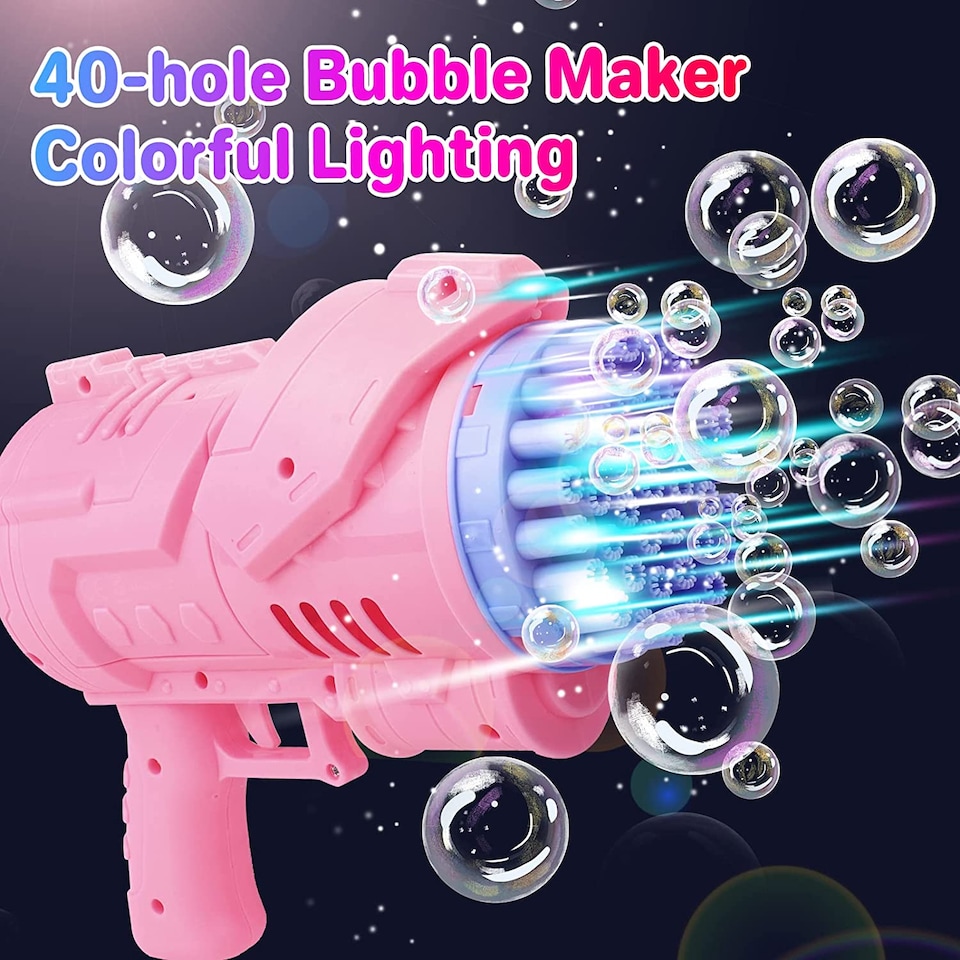 image 1 of 40-Hole Bubble Gun - Automatic Bubble Machine for Kids - LED Light-Up Bubble Blower with Bubble Solution - Outdoor Indoor Toy - Pink