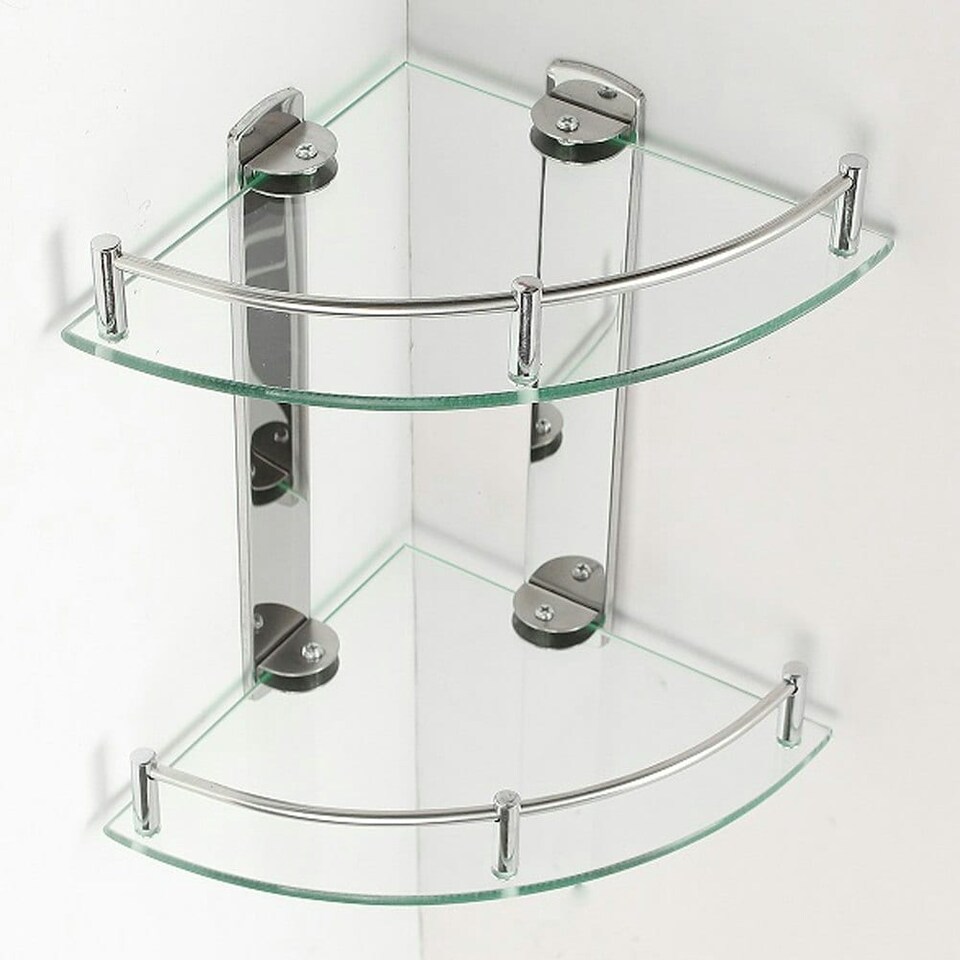 image 1 of Living and Home 2-Tier BathroomTempered Glass Corner Shelf Wall Mounted | Chrome