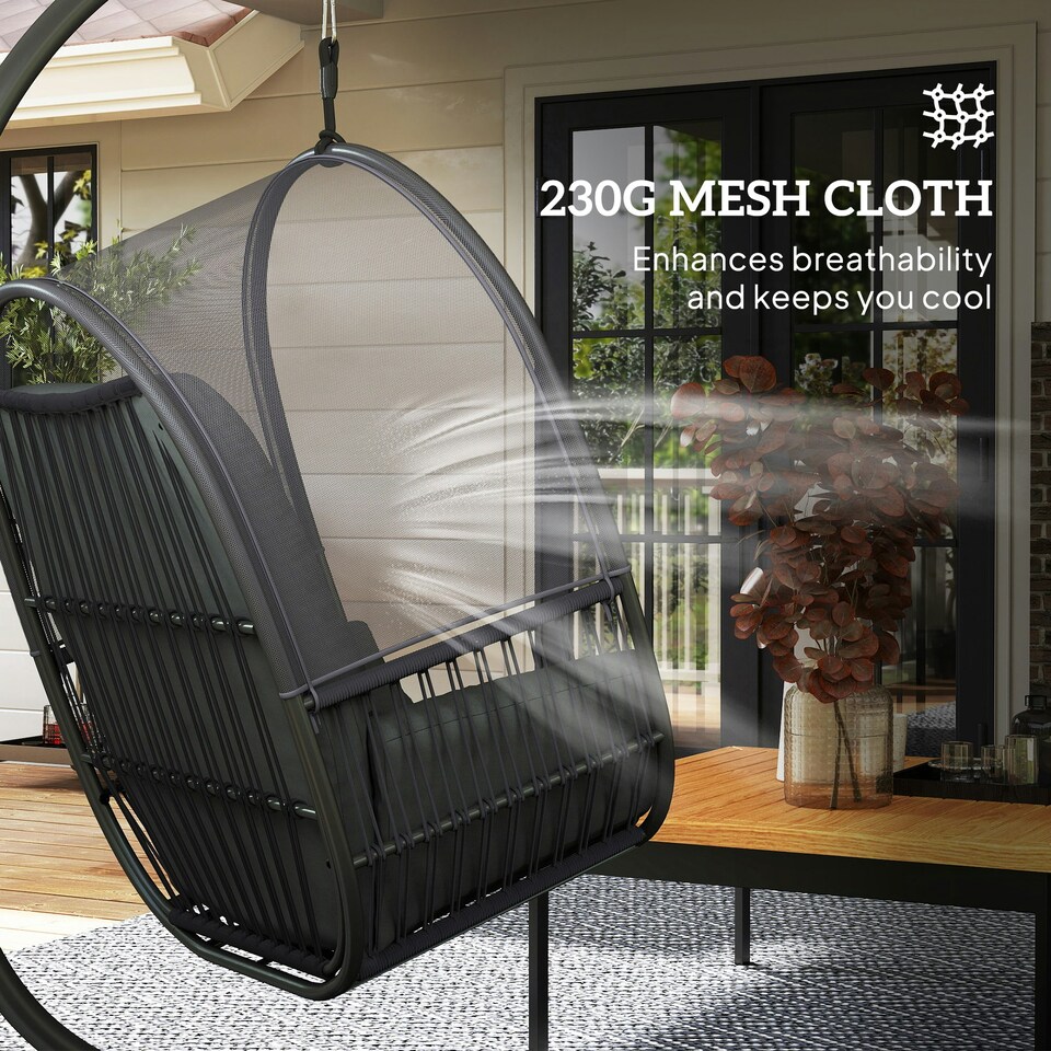 image 1 of Outsunny Hanging Egg Chair w/Stand & Cushions, Dark Grey Grey | Light Grey