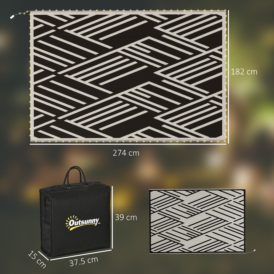 image 1 of Outsunny Waterproof Outdoor Rug W LED String Light, 182 x 274cm, Black & White | Black | Black and Coffee | 182 x 274 x 0.3cm