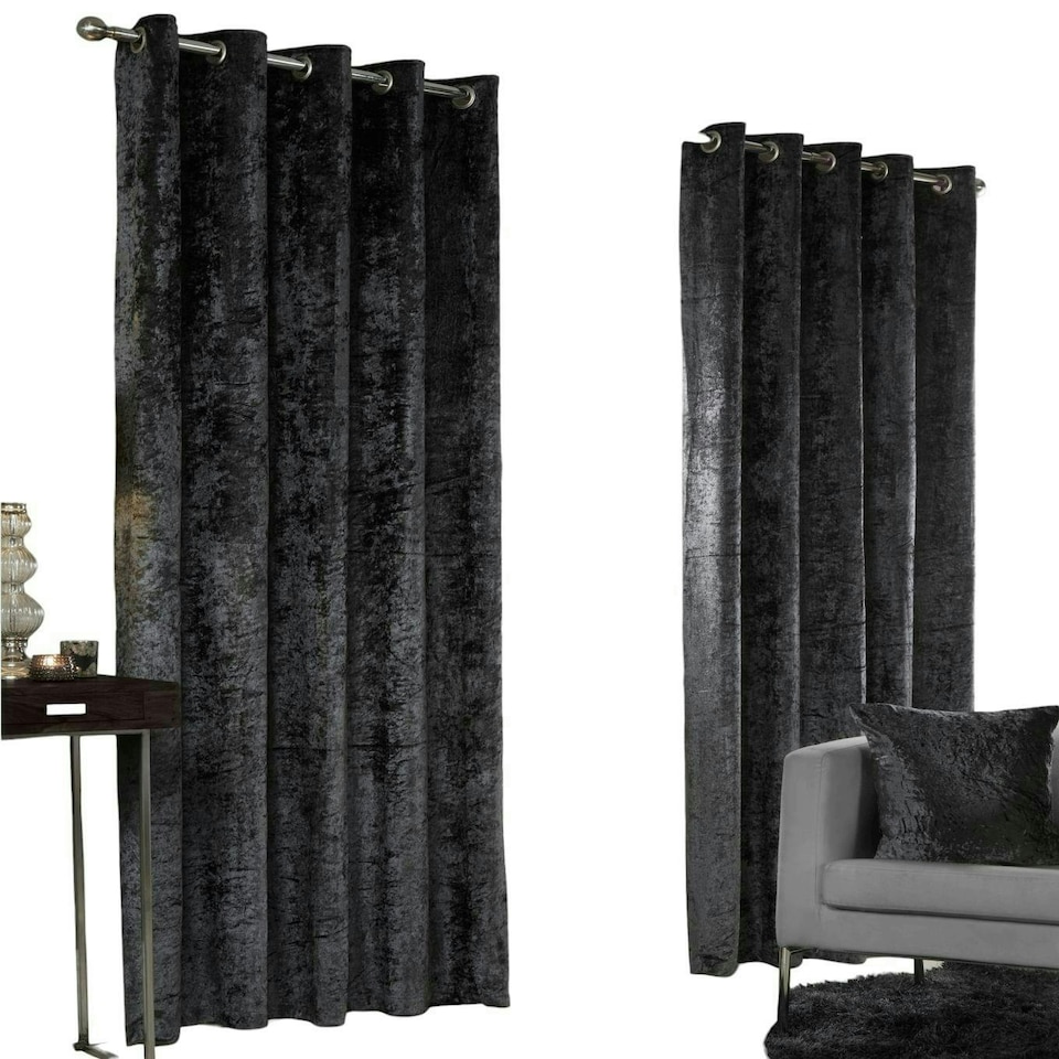image 1 of Crushed Velvet Eyelet Curtains - Charcoal - 116 cm x 229 cm