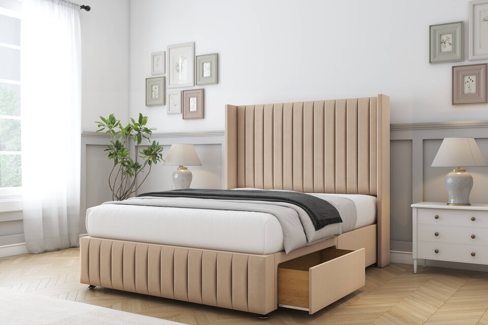 image 1 of Sloomy Marlborough Pebble Plush Divan Bed Base No Drawers With 54 Inch Wingback Headboard & 12 Inch Matching Footboard | Brown | Pebble | Single | 1