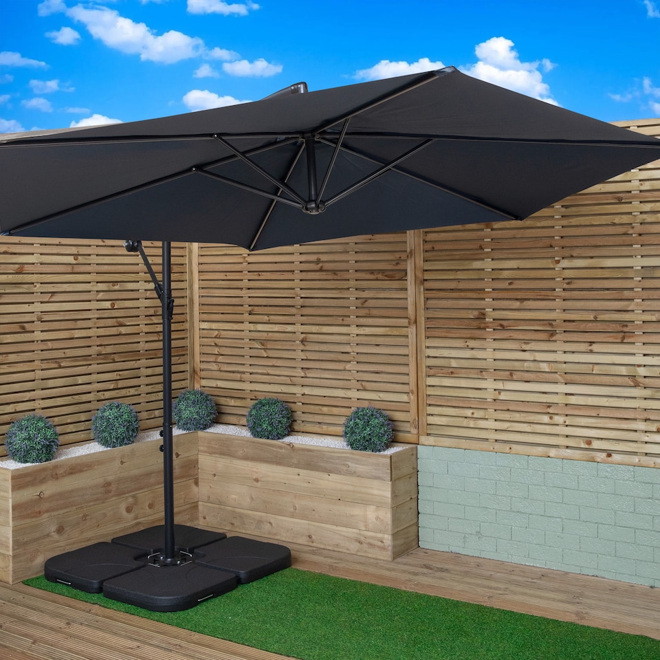 image 1 of 3m Cantilever Banana Blue Parasol. Crank Handle & Parasol Base Weights