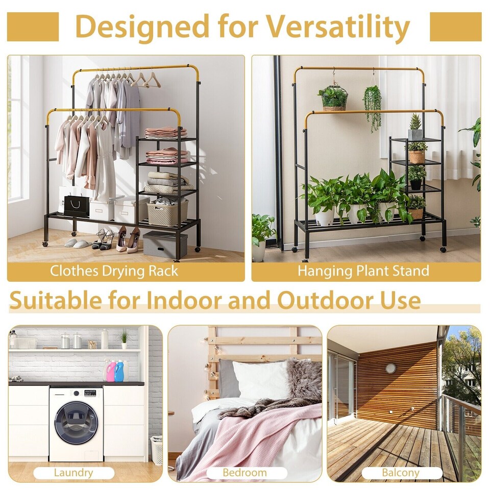 image 1 of COSTWAY Rolling Clothes Drying Rack Adjustable Double Rods Garment Rack Golden