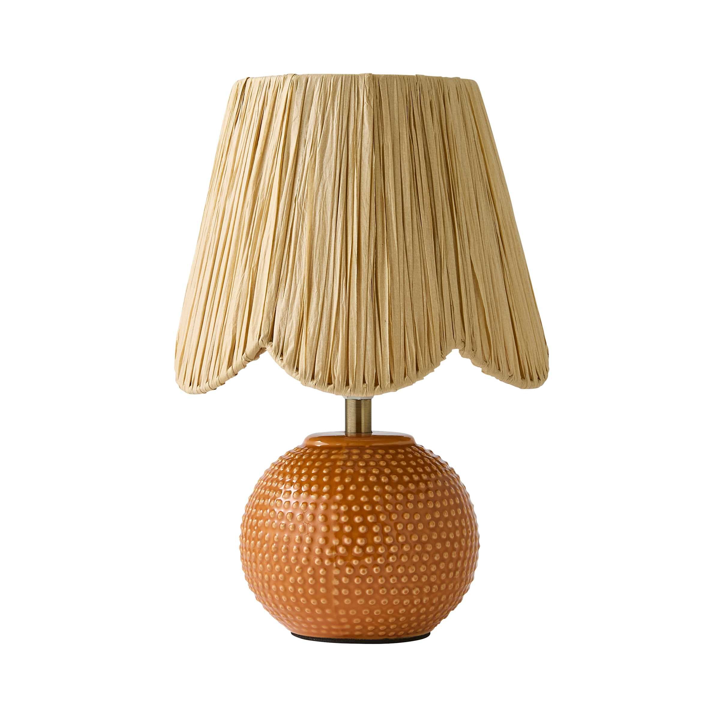 ValueLights Sebby Ceramic Globe Textured Table Lamp with Raffia Lamp Shade & LED Bulb in Orange