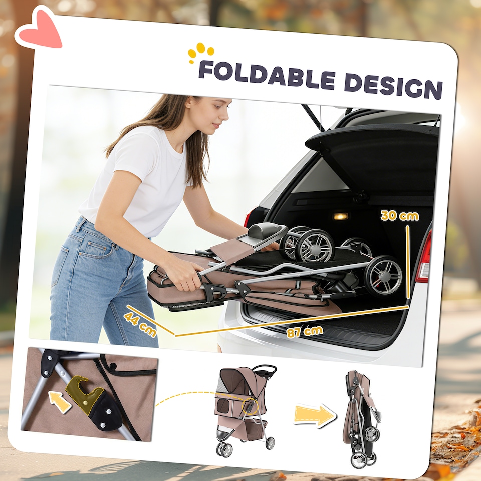 image 1 of PawHut Pet Stroller Pushchair Carrier for Cat Puppy with 3 Wheels Coffee