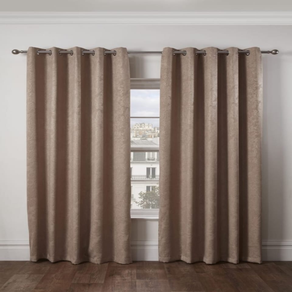 image 1 of Royal Damask Elegant Woven Blackout Eyelet Curtains 116cm x 183cm Taupe Brown | Natural