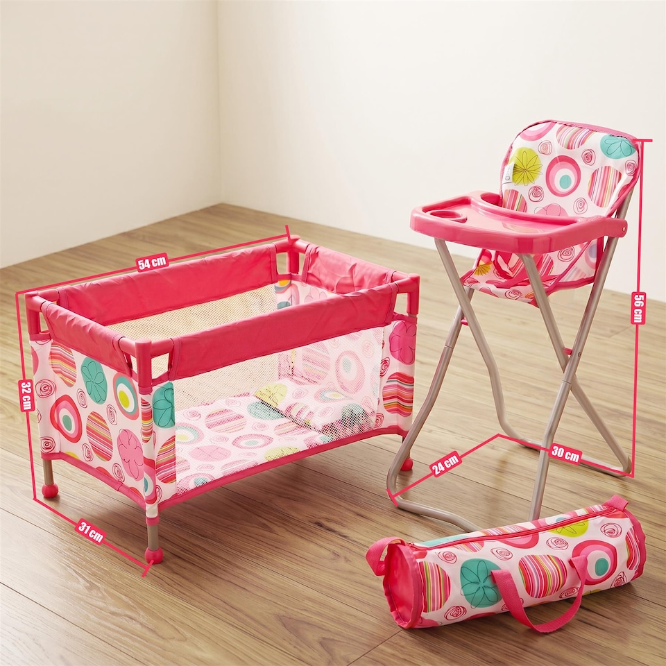 image 1 of BiBi Doll Folding Travel Nursery Set High Chair Cot Bed Pink Doll Accessories for 20 Inch Dolls