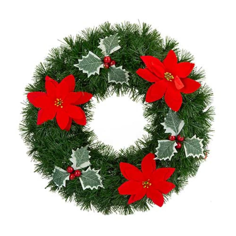 Red Holly & Poinsettia Christmas Wreath Decoration 38cm