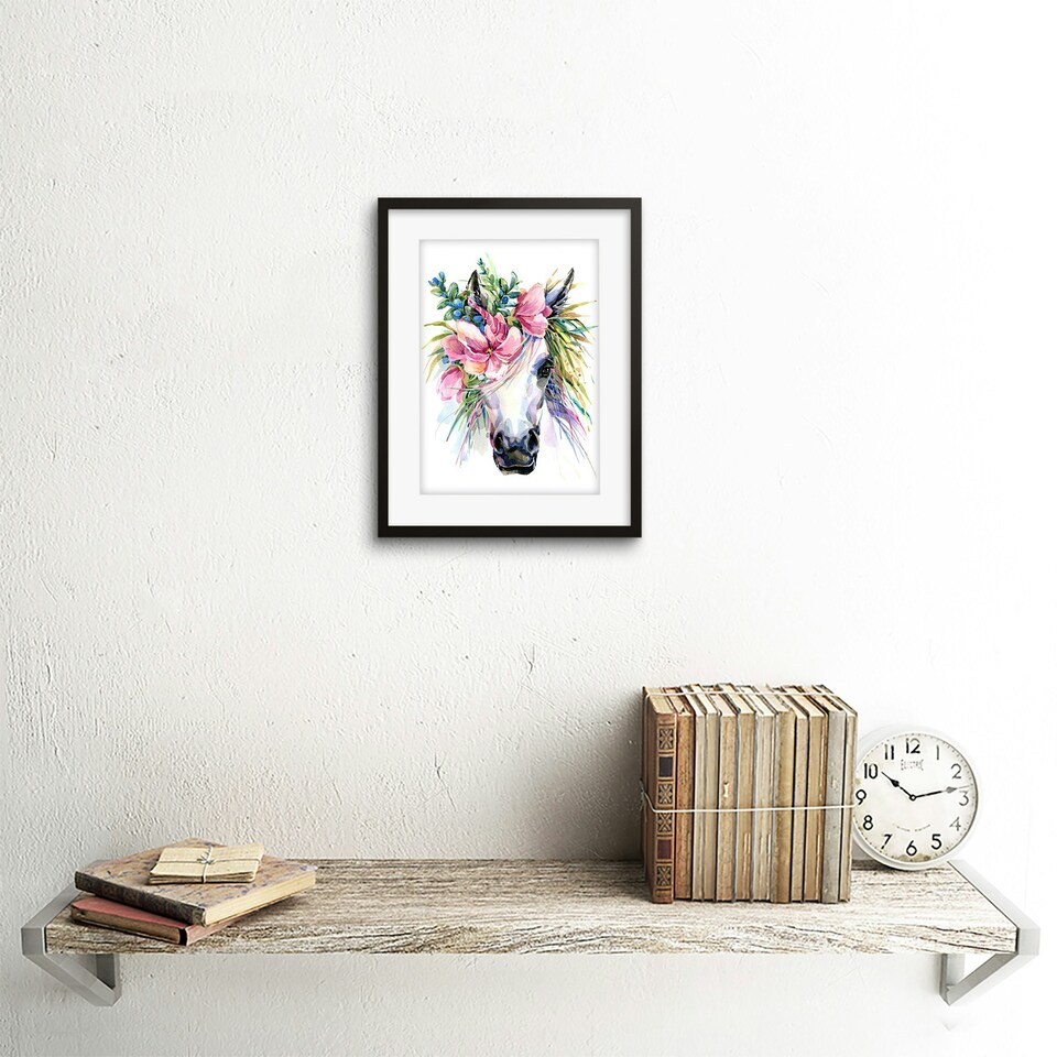 image 1 of Unicorn Flower Crown Floral Watercolour Girls Kids Bedroom 9x7" Black Framed Wall Art Print