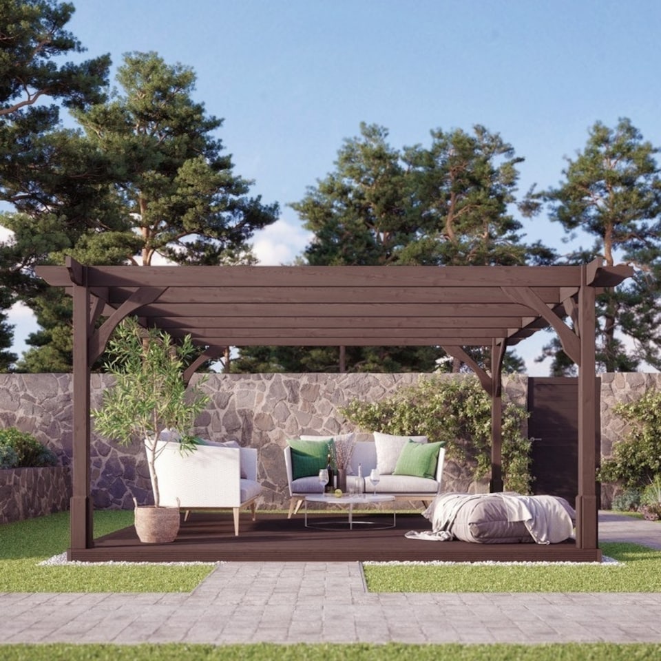 image 1 of Premium Pergola and Decking Kit - Wood - L360 x W360 x H270 cm - Rustic Brown