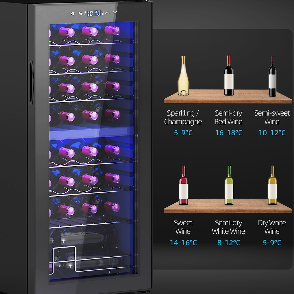 image 1 of HOMCOM 86L Freestanding Wine Cooler with UV-resistant Tempered Glass Door, 32 Bottles Dual Zone Wine Fridge with Adjustable Temperature Control, Digital Touch Screen, Black | Black