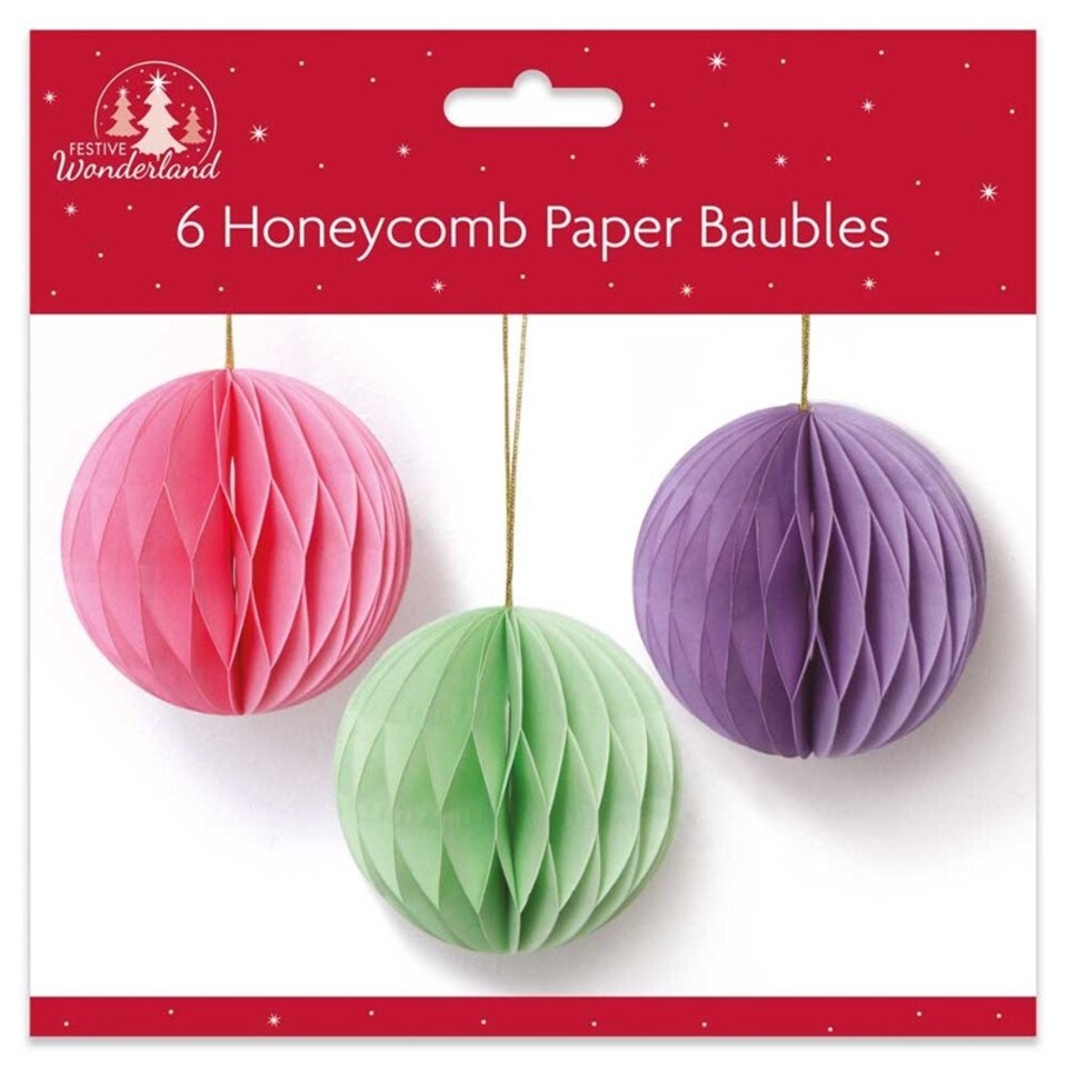 image 1 of Pack of 6 Bright Round Honeycomb Paper Christmas Baubles Decorations
