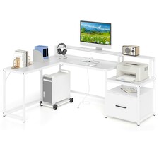 COSTWAY L-shaped Desk Home Office Desk with File Drawer White