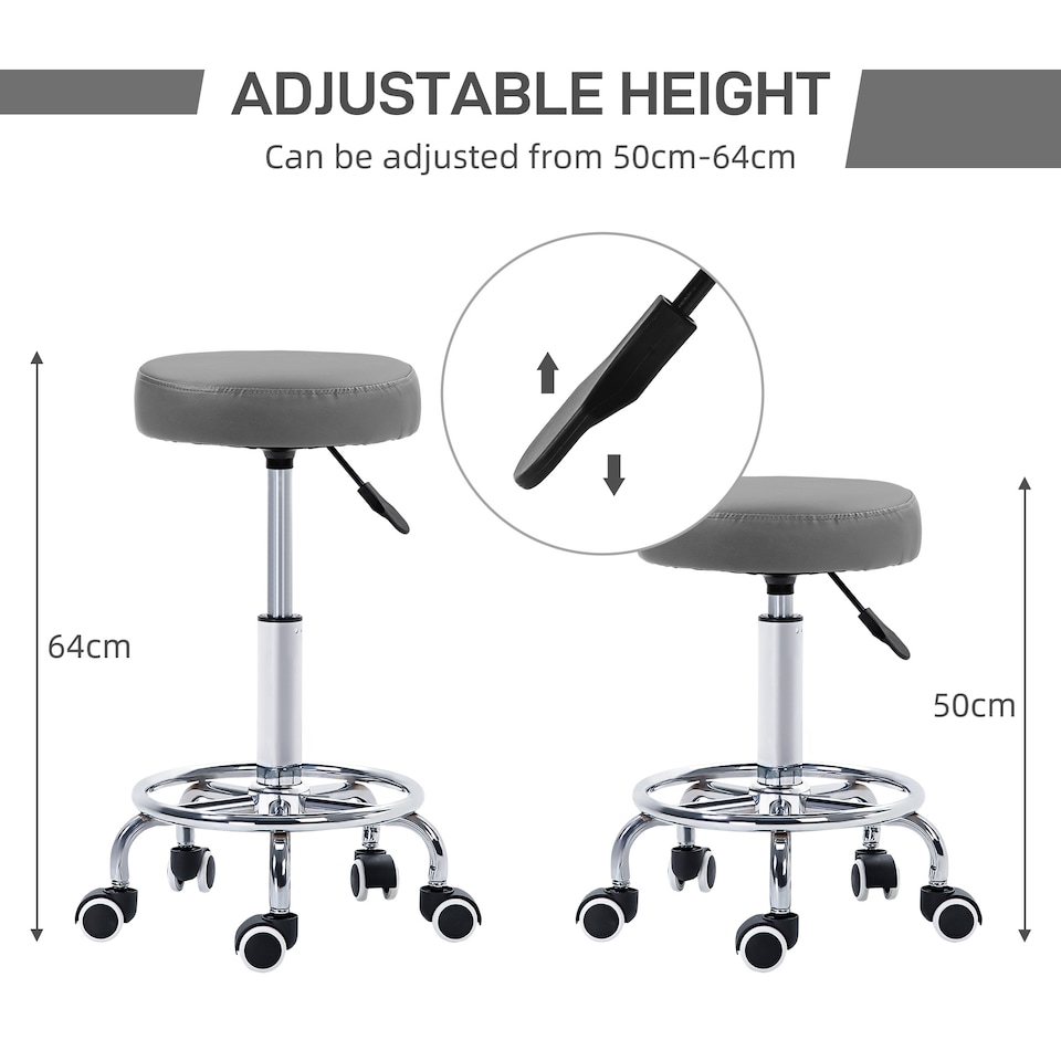 image 1 of Vinsetto Round Rolling Stool, PU Leather Height Adjustable Stool Chair with Wheels and Swivel Seat for Salon, Massage, Spa, Home Kitchen, Grey