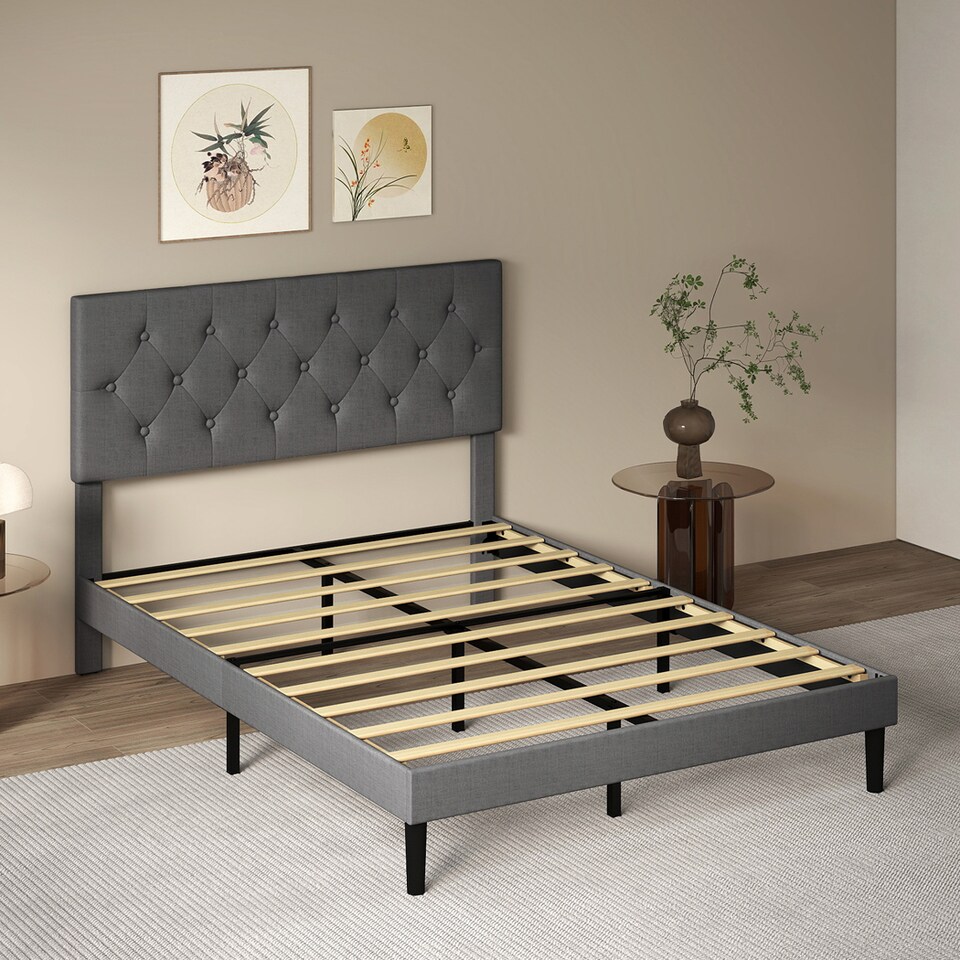 image 1 of Levede Bed Frame Upholstered Small Double Linen Fabric Soft Foam Headboard Wood | Grey | Grey