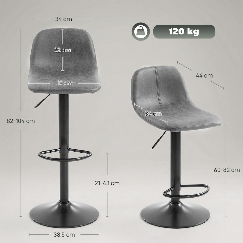 image 1 of HOMCOM Bar Stools Set of 2, Modern Swivel Barstools for Dining Room | Black | Grey | 37 x 44 x 82-104 cm