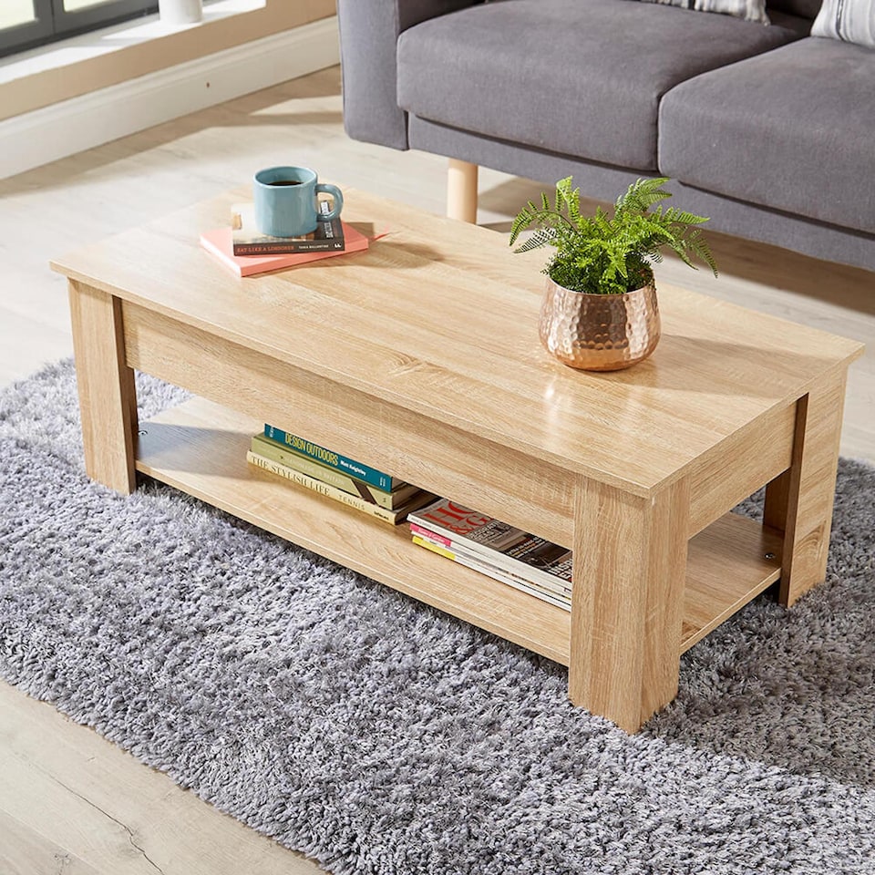 image 1 of Wooden Coffee Table With Lift Up Top Storage Area and Magazine Shelf | Brown