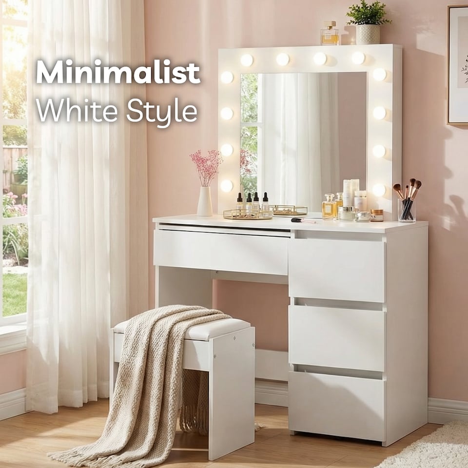 image 1 of Levede Dressing Table Vanity Set Stool Makeup LEDs Mirror Jewellery Organizer | White