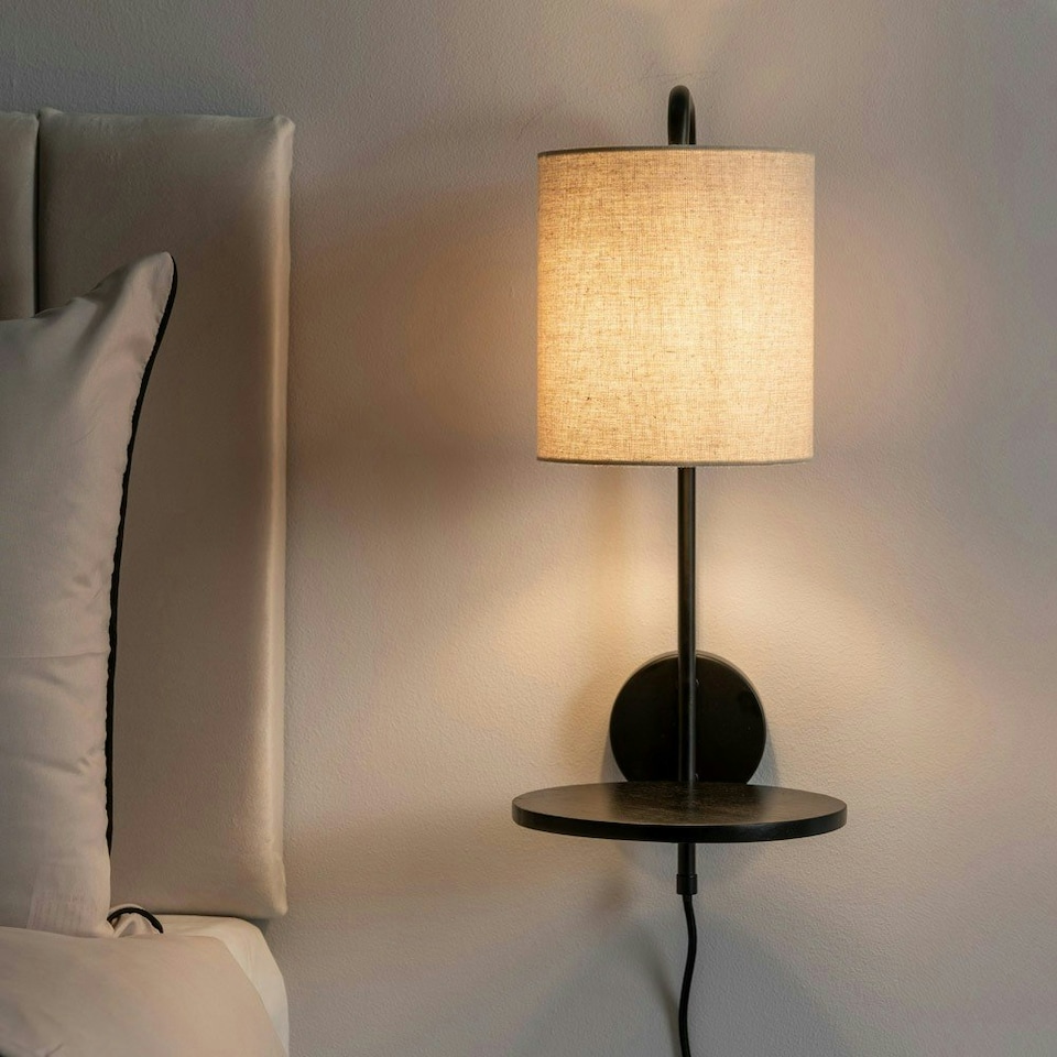 image 1 of ValueLights Ryan Natural Linen Lamp Shade Black Metal Wall with Wooden Shelf and LED Bulb Black