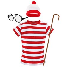 Find Me - Top, Hat, Glasses & Crook - Wheres Wally Inspired Costume Red | XL