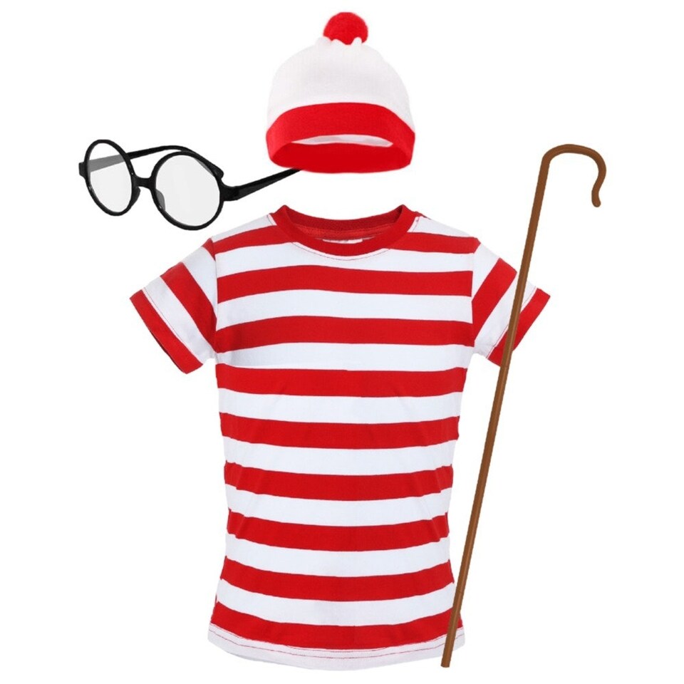 image 1 of Find Me - Top, Hat, Glasses & Crook - Wheres Wally Inspired Costume Red | XL