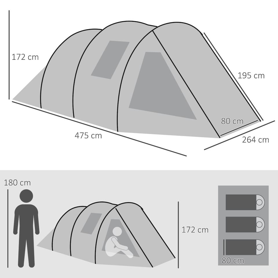 image 1 of Outsunny 3-4 Persons Tunnel Tent, Two Room Camping Tent w/ Windows, Black