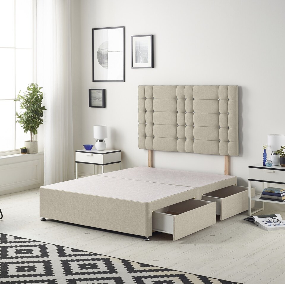 image 1 of Astoria Divan Bed Base with 2 Drawers & 30 Inch Diamante Headboard in Tweed Fabric | Brown | Natural | King