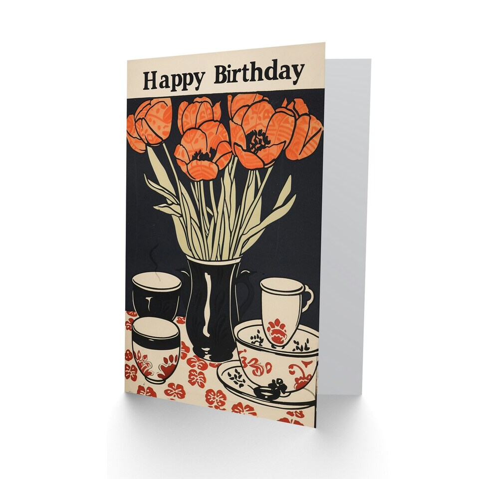 image 1 of Red Tulip Bouquet China Tea Set Vintage Her Birthday Card