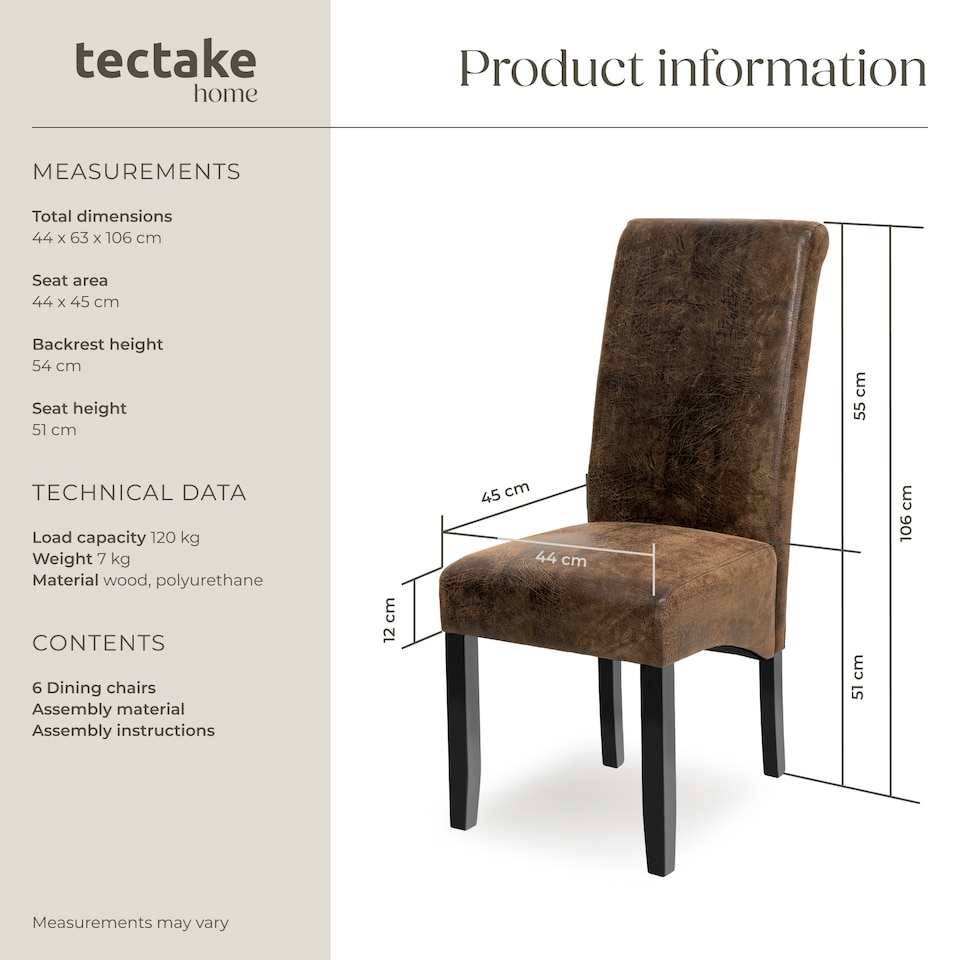 image 1 of Dining Chair - ergonomic seat shape, high backrest, padded, faux leather | Brown | antique brown | 6