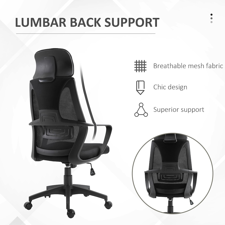 image 1 of Vinsetto Mesh Back Office Chair w/ Adjustable Height Padded Headrest Black