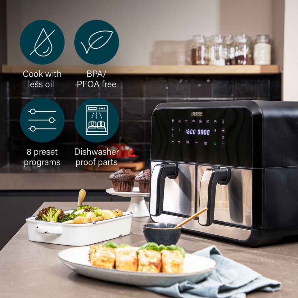 image 1 of Princess Double Basket Air Fryer 182074 - Dual Air Fryer - 9 Litres - 2 Baskets - XL - 8 Programs - 2400W - PFAS-Free - Touchscreen
