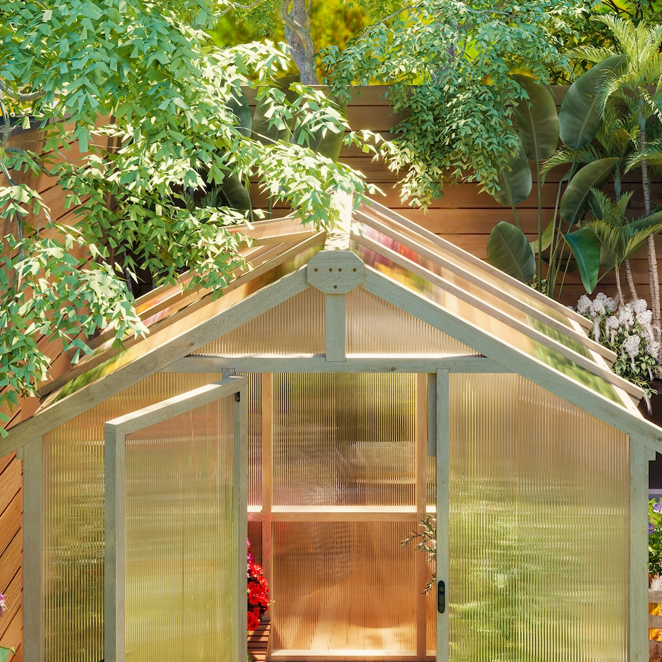 image 1 of Outsunny 6.6 x 6ft Wooden Polycarbonate Greenhouse with Lockable Door, Brown | Brown | Brown | 1