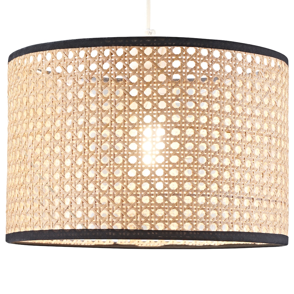 image 1 of Natural Wicker Rattan Drum Shaped Pendant Lamp Shade with Black Cotton Trims | Brown