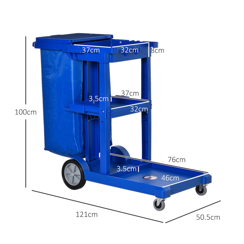 image 1 of HOMCOM Cleaning Carts On Wheels, Janitorial Trolley with 3 Tier Shelves, Housekeeping Utility Service Unit with Rubbish Bag and Mop Mount for Hotel, Office, Blue