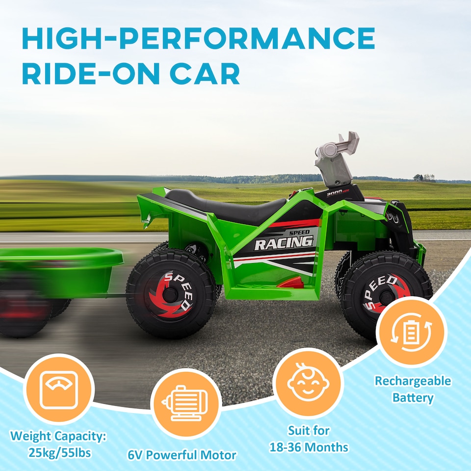 image 1 of HOMCOM Electric Quad Bike, 6V Kids Ride-On ATV with Back Trailer - Green