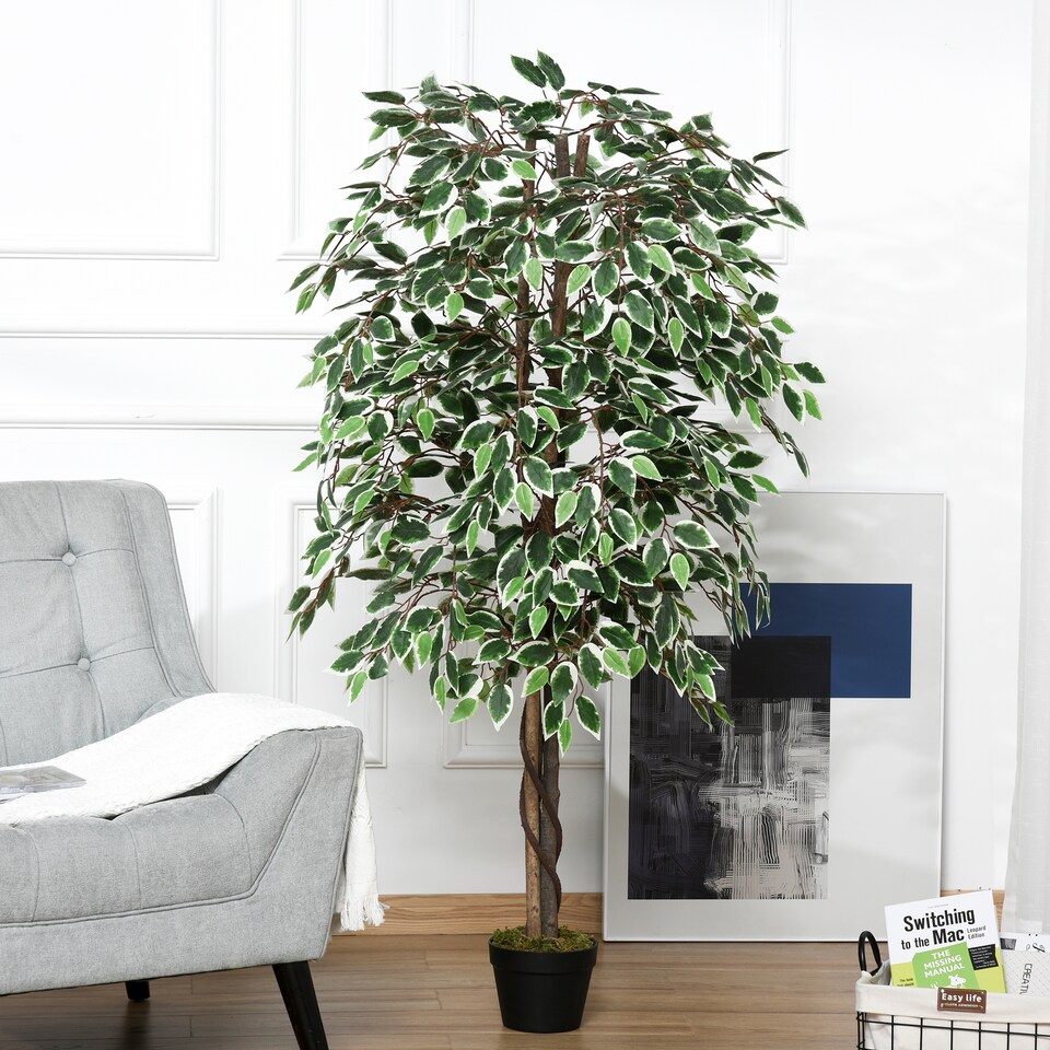 image 1 of Outsunny 160cm5.2FT Artificial Ficus Silk Tree with Nursery Pot, Decorative Fake Plant, for Indoor Decor