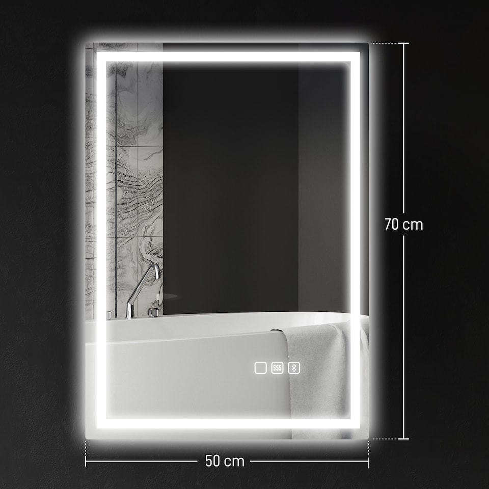 image 1 of HOMCOM 500 x 700 mm Bluetooth LED Bathroom Mirror, Illuminated Backlit Vanity Mirror with 3 Colours Dimmable, Anti-Fog, Memory Function, Touch Sensor, IP44 | Silver