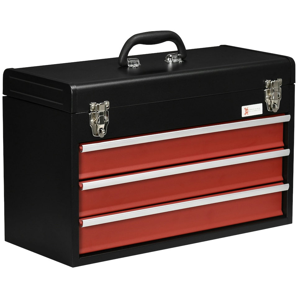image 1 of DURHAND Lockable 3 Drawer Tool Chest with Ball Bearing Slide Drawers Black | Black | Red | 51cm x 22cm x 32cm | 1