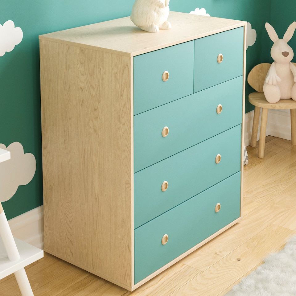 image 1 of Junior Vida Neptune 5 Drawer Chest, Blue & Oak - Set of 2