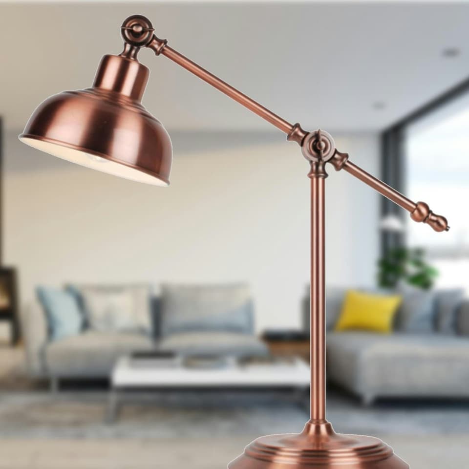 image 1 of First Choice Lighting Antique Brushed Copper Lever Arm Table Lamp Copper | White