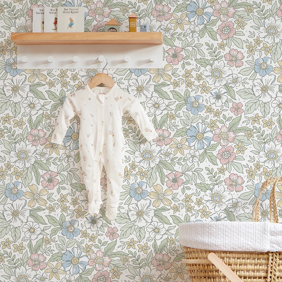 image 1 of Gorgeous Gardenia Wallpaper in Soft Pastels | Green | Green, Light, Multicoloured, Peach, Pink | 50cm x 10m