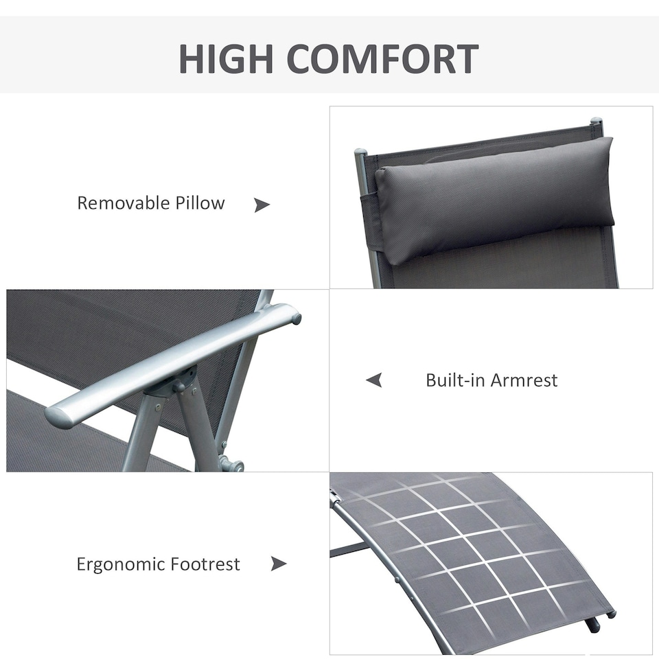 image 1 of Outsunny Sun Lounger Recliner w/ Pillow Foldable 7 Levels Textilene Grey