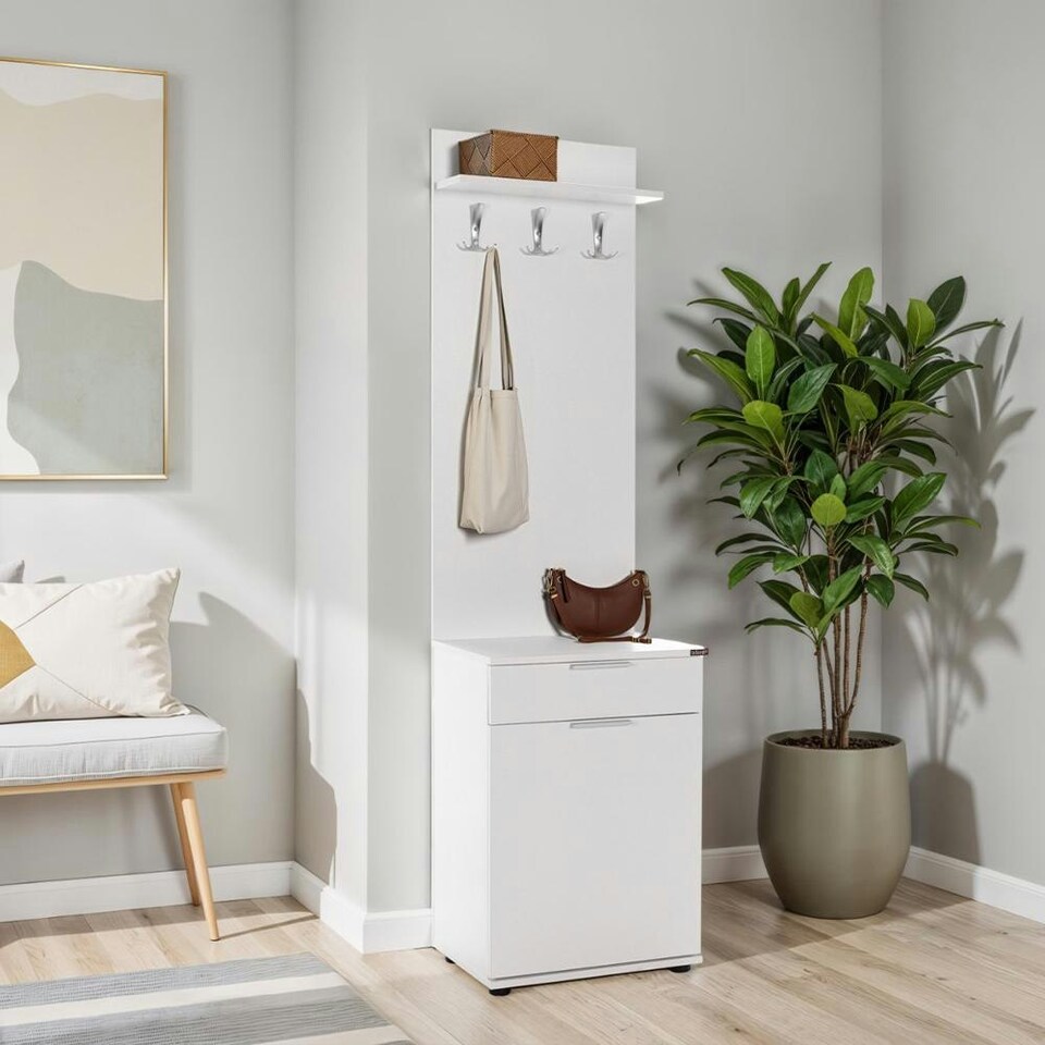 image 1 of Adore White Hall Stand with Drawer, Hooks & Shoe Cupboard - Entryway Organiser White