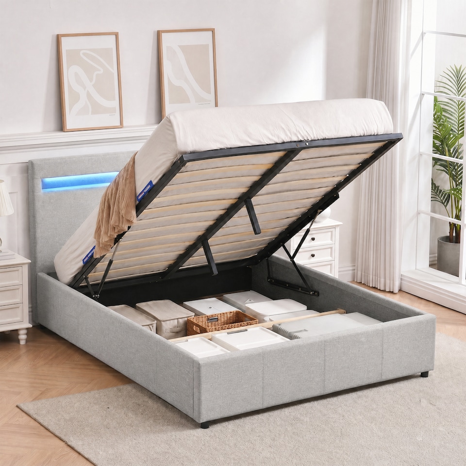 image 1 of 4ft6 Double Modern Gas Lift Ottoman Bed Frame with LED In Light Grey