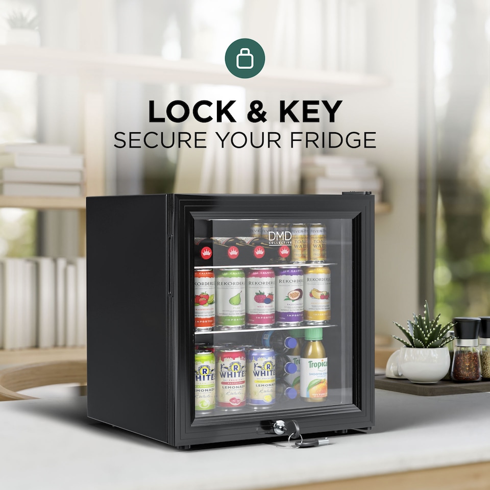 image 1 of DMD 50L Glass Mini Fridge with LED Light, Lock & Key | Black