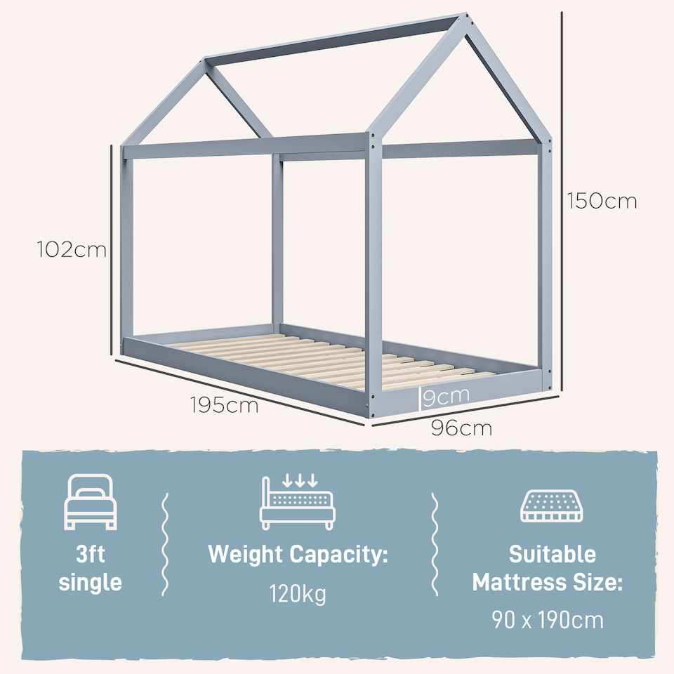 image 1 of HOMCOM Wooden Single Bed Frame with Tree House Style, Grey