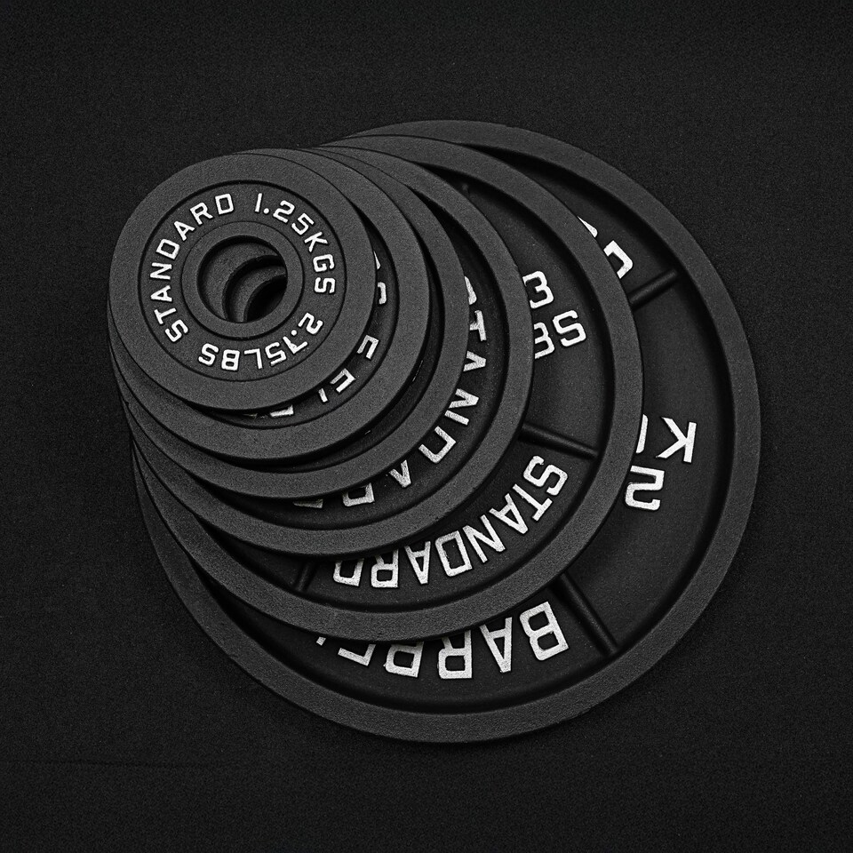 image 1 of GYM SETS UK  Cast Iron Weight Plates- (150kg Set / With 5ft Barbell + Clips)